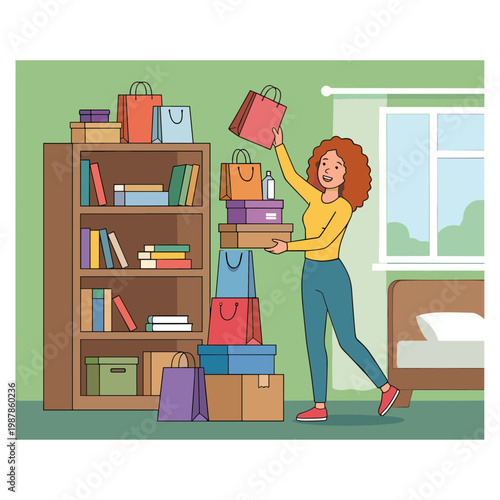 Woman holding shopping bags in a bedroom with a bookshelf