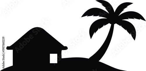 Beach hut and palm tree silhouette vector illustration for travel and leisure concepts on transparent background.