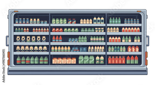 Flat vector illustration of a commercial refrigerated display case featuring organized shelves stocked with various beverage bottles, milk cartons, and dairy product jars.