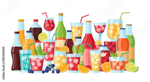 Flat vector illustration of various soft drinks, juices, and cocktails in bottles and glasses with ice cubes, straws, and citrus fruit slices, isolated on a white background.