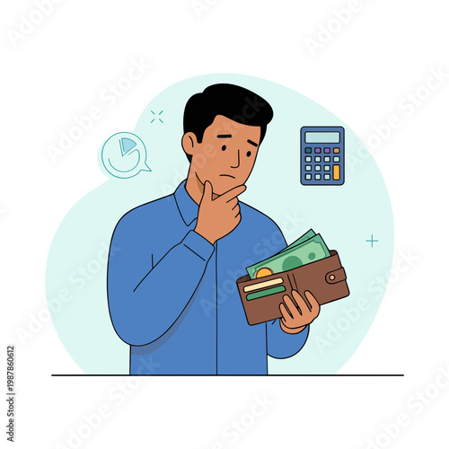 A man holding a wallet with money and contemplating finance.