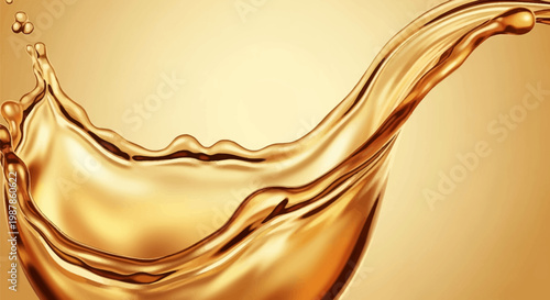 Splash of viscous golden liquid with dynamic wave motion and reflective highlights on a gradient amber background, depicting oil or liquid gold with small flying droplets.