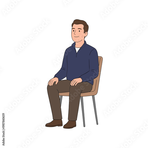 A man sits calmly on a chair indoors in a relaxed pose.