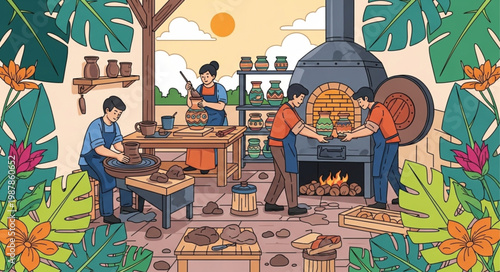 Artisans crafting pottery in a rustic workshop surrounded by lush foliage.
