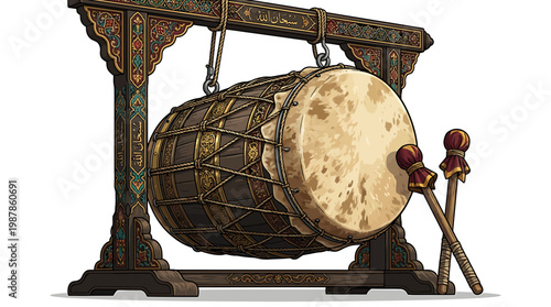 Traditional Indian Dhol Drum with Intricately Carved Stand and Mallets Used in Cultural Festivals and Celebrations