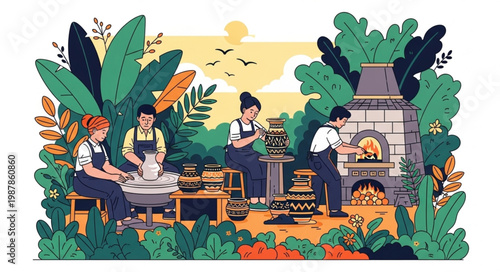 Artisans crafting pottery in a vibrant outdoor studio setting surrounded by lush greenery.