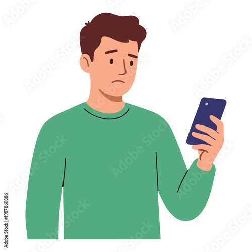 Man looks concerned while holding phone in hand indoors