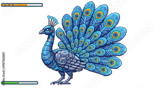 Mechanical Robotic Peacock Pixel Art with Tech Feathers and Digital Interface