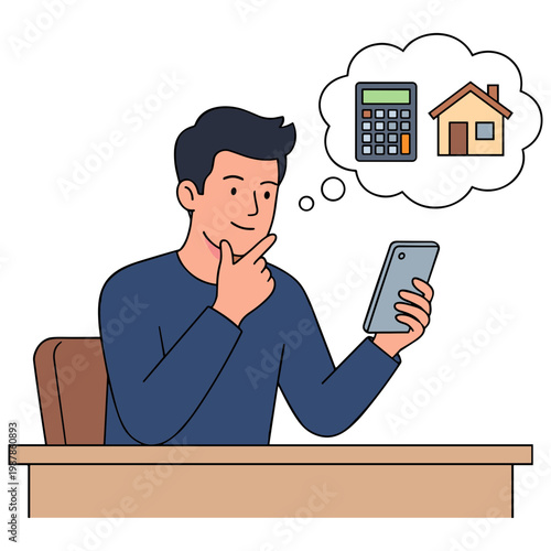 A man sits at a desk thinking about a house and calculator while using a smartphone.