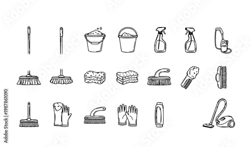 Household cleaning icons vector doodle hand drawn minimal wash tool pack
