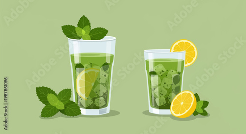 Flat vector illustration of two glasses containing iced green matcha tea or mojito drinks with fresh mint leaves, lemon slices, and ice cubes, isolated on a green background.