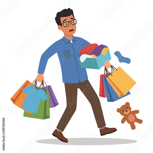 Man carries shopping bags and boxes with clothes and a teddy bear