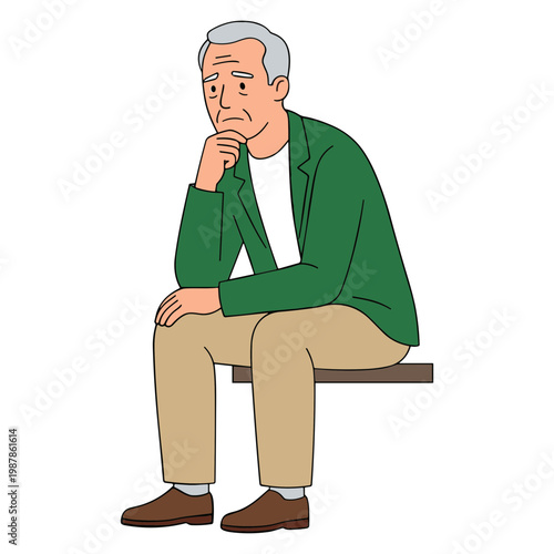An elderly man sits on a bench looking thoughtful in a green jacket.