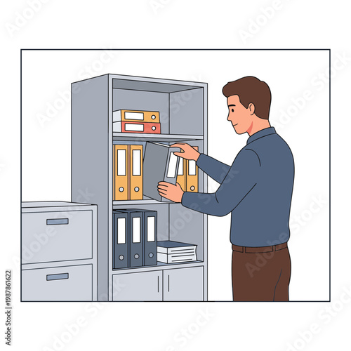 Man organizing office files on a shelf in a workplace