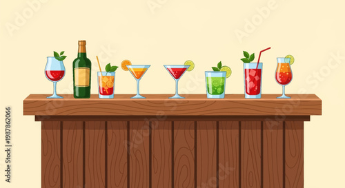 Vector illustration of diverse cocktails and a green bottle on a wooden bar counter, including martini, mojito, and fruit drinks with lime and mint garnishes on a plain background.
