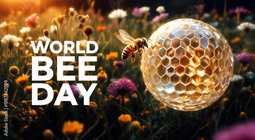 Vibrant world bee day celebration with honeycomb and bee in colorful flower meadow scene