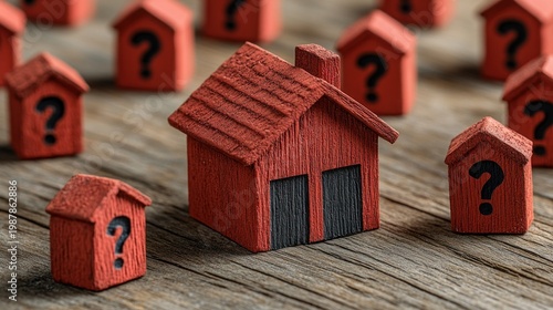 Red wooden houses, question marks, uncertain housing