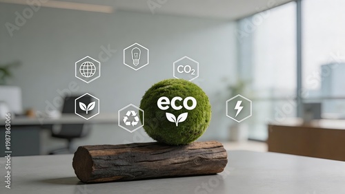 Business office 3d render of ecology concept with green moss ball on wooden log surrounded by floating eco icons such as carbon footprint reduction global sustainability recycling