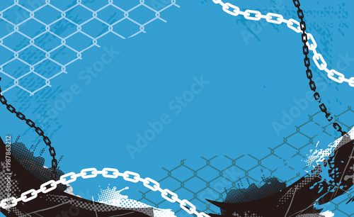 鎖と金網のパンクフレームグランジ風ビビットシアン背景