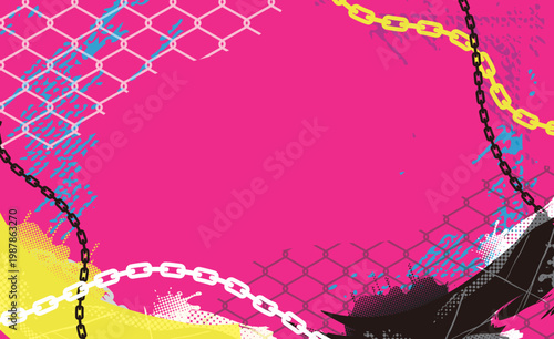 パンク系背景フレーム鎖とネットビビットなインク飛沫デザイン