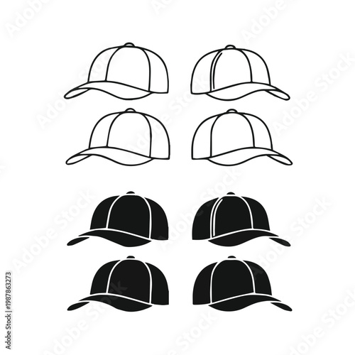 Six baseball caps in two rows with white and black illustrations