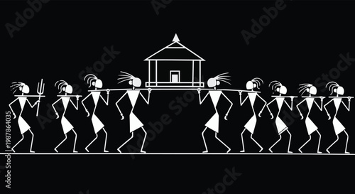 Traditional Warli Art Vector Illustration, Indian Tribal Folk Painting of a Procession, White Stick Figures Carrying a Palanquin isolated PNG with Transparent Background