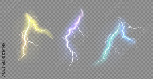 Set of the isolated realistic lightnings with transparency for design. Thunder-storm and lightnings. Magic and bright lighting effects. Natural effects
