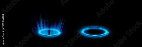 Circular portals, teleport, hologram gadget. Futuristic teleport. Projector HUD or podium for magic circle teleportation. Set of circle holograms.Empty podium light effect.