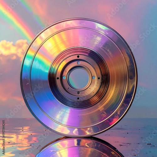 A metallic disc with a central hole reflects rainbow hues in a dreamy setting with clouds and a rainbow, showcasing a vibrant, ethereal scene