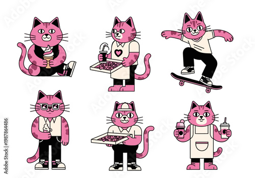 Cool Cartoon Pink Cat Character Set with Skateboard, Pizza, Ice Cream, and Coffee Stickers - Flat Vector Illustration