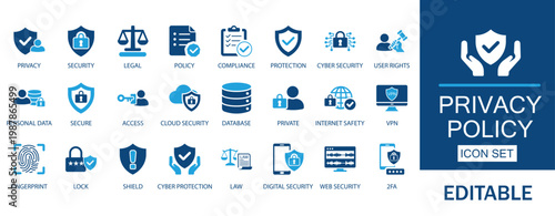 Privacy policy and data protection. Includes cyber security, encryption, legal compliance, protection and internet safety. Professional vector assets for data governance.