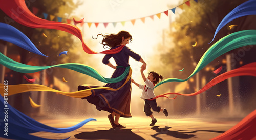 Woman and child running with ribbons.