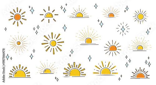 Minimalist sun icons and sunrise symbols, set of 15 yellow and orange sunburst vector elements, hand drawn doodle sunshine and sparkles for logo design