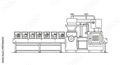 Industrial line art illustration of an automated fruit jam production line featuring a conveyor belt with jars of berry preserves, filling machinery, and factory processing equipment.