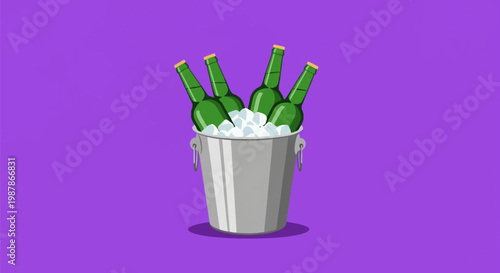 Vector illustration of four green glass bottles chilled in a silver metal ice bucket filled with white ice cubes, isolated against a solid purple background in flat design style.