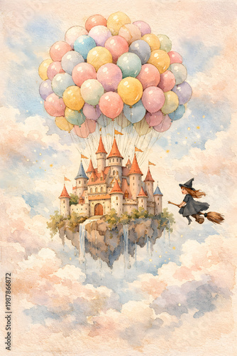 Dreamy Floating Castle with Colorful Balloons and Cute Witch, Watercolor Fairytale Illustration in Soft Pastel Colors