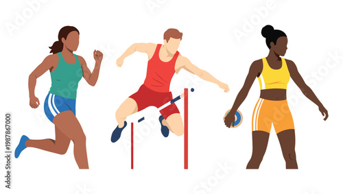 Athletes Running and Hurdles Sports Vector Illustration Set