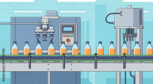 Automated beverage bottling plant with conveyor belt moving plastic bottles filled with orange liquid through filling and capping machinery in a factory setting vector illustration.