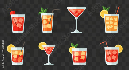 Eight flat vector cocktail icons set including martini glasses, highball glasses, and rocks glasses with ice cubes, lemon slices, cherries, and mint leaves on a transparent background.