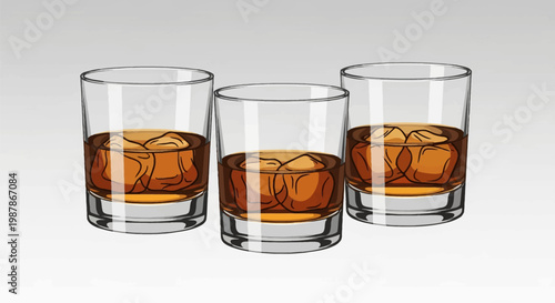 Vector illustration featuring three clear rocks glasses filled with amber-colored whiskey or bourbon served on large ice cubes, isolated against a neutral gray gradient background.