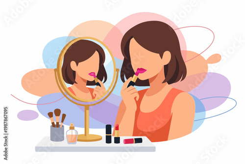 Woman applying lipstick in front of a mirror with makeup brushes.