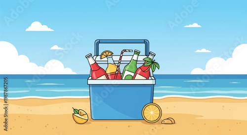 Vector illustration of a blue cooler box on a sandy beach, filled with colorful glass beverage bottles, citrus fruit garnishes, and a striped straw against a blue sky with clouds.