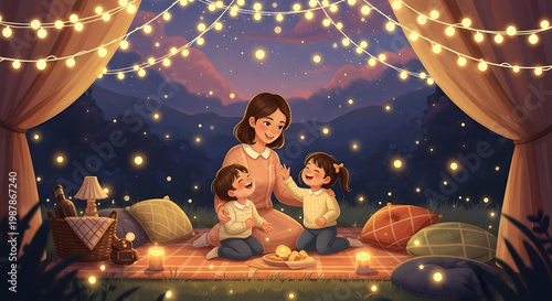 Woman and two little girls sitting.