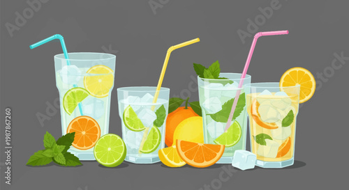 Vector illustration of four refreshing summer cocktails and citrus drinks in tall glasses with ice cubes, mint leaves, colorful straws, fresh lemon, lime, and orange slices on gray.
