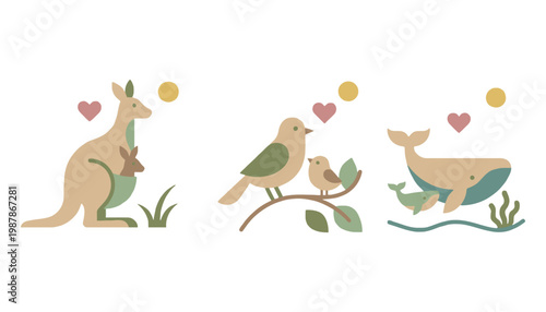 A kangaroo and her joey with a bird and her chick and a whale with her calf in a cute illustration