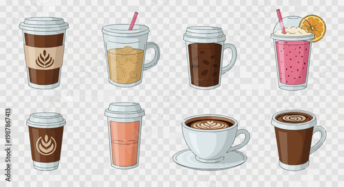 Vector illustration set featuring eight assorted drinks including hot coffee in paper to-go cups with latte art, iced coffee with a straw, pink fruit smoothie, and ceramic coffee cup.
