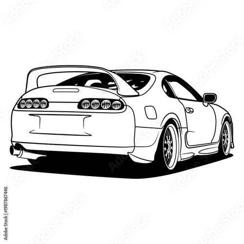 Black and white line drawing of a sleek sports car