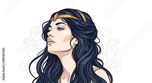 Beautiful Woman with Dark Wavy Hair and Golden Headband.