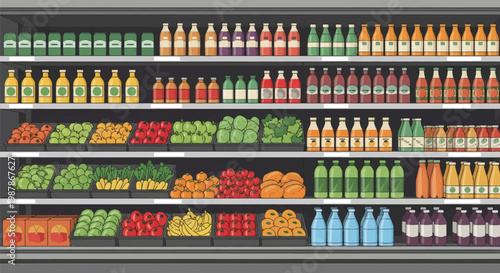 Flat vector illustration of organized supermarket shelves with rows of bottled beverages, aluminum cans, juice cartons, and plastic trays containing fresh tomatoes and fruit.
