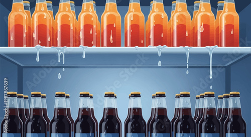 Vector illustration of cold glass bottles on refrigerator shelves; top row features amber liquid with melting frost drips, bottom row shows dark cola or beer bottles with condensation.